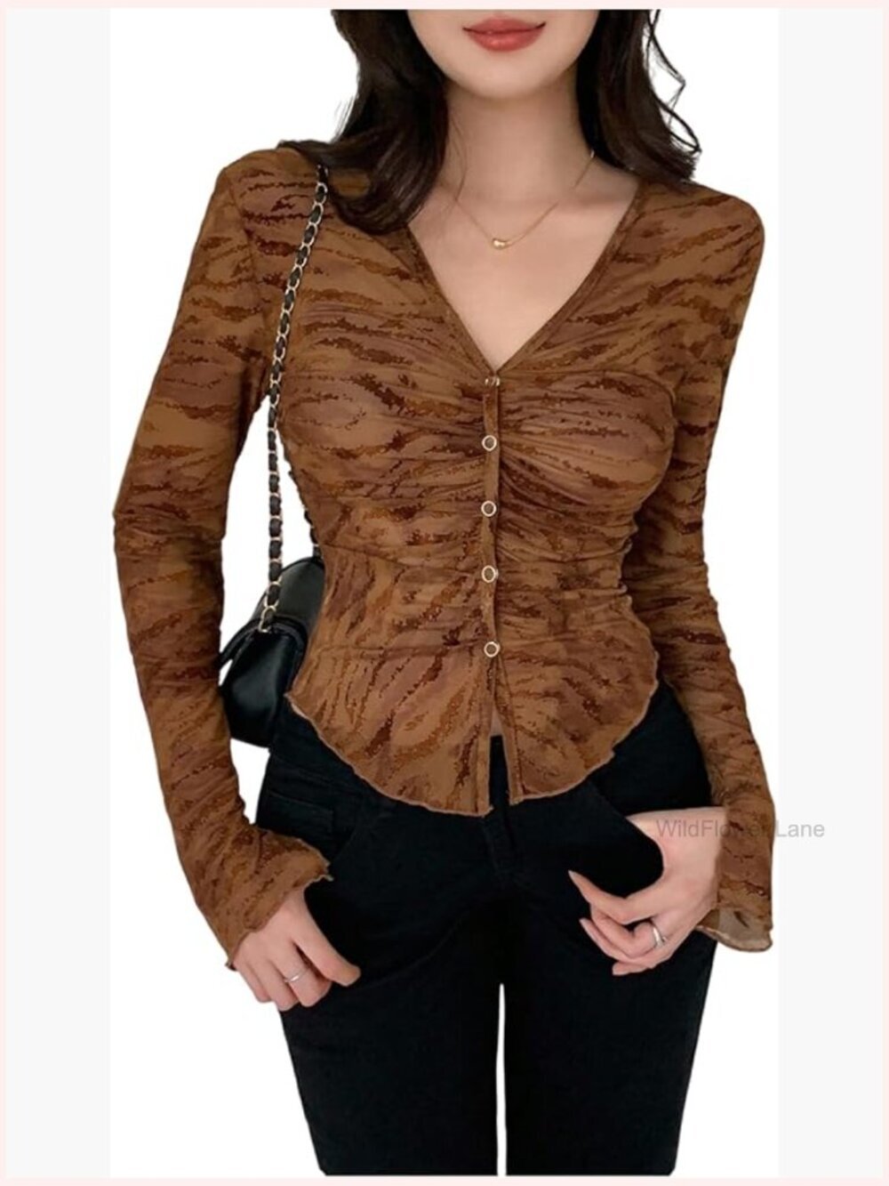 Ruched Button Down Shirt V Neck Long Sleeve Blouse Y2K Top